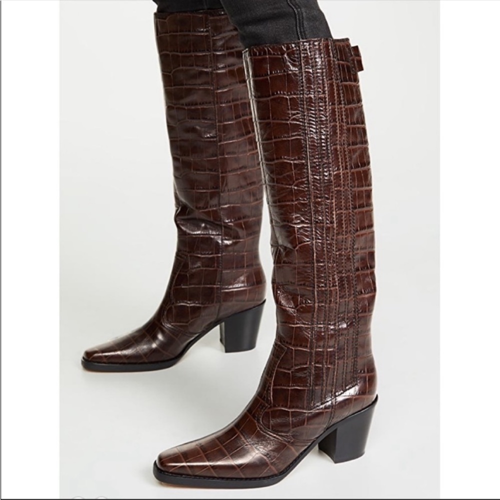 Ganni Tall Boots Brown Western Crocodile Embossed